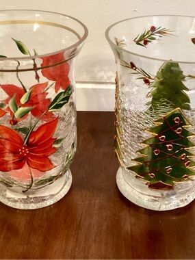 Holiday Poinsettia and Christmas Tree Glass Candle Holders - Red & Green